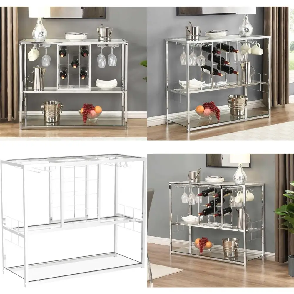 

Three-Tier Wine Rack Table with Glass Holder, Tempered Glass Shelves, Modern Storage Cabinet for Wine and Bar Accessories