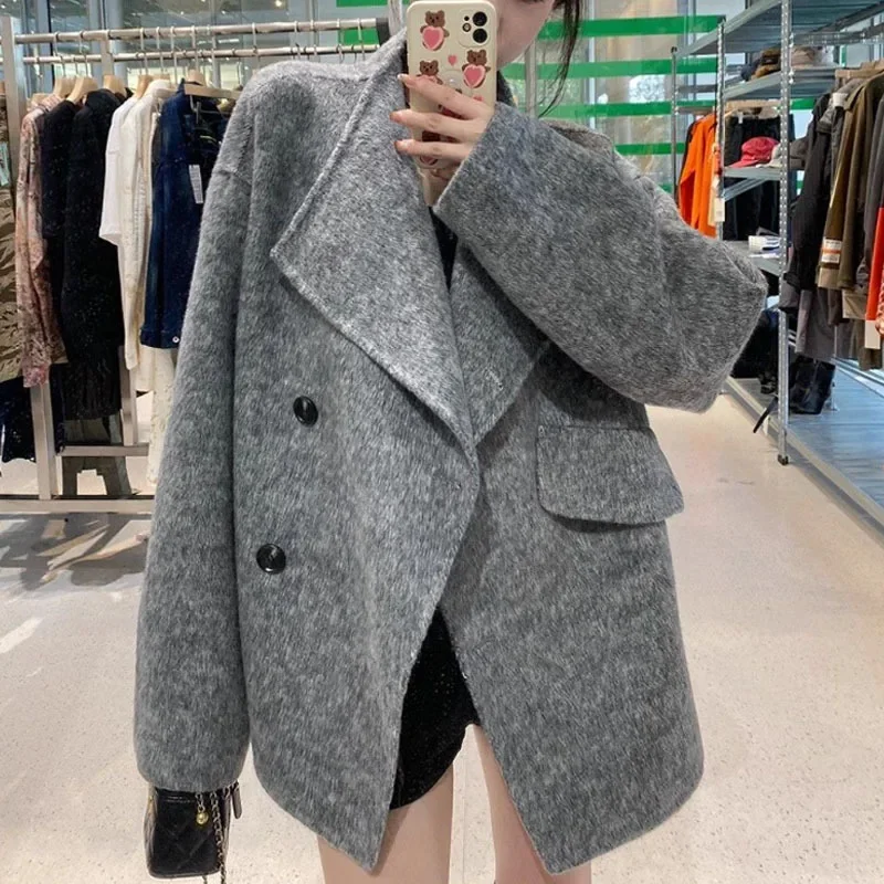 

Grey Dragon Phoenix Woolen Coat for Women, Mid to Long Autumn/Winter 2024 New Korean Loose Woolen Coat