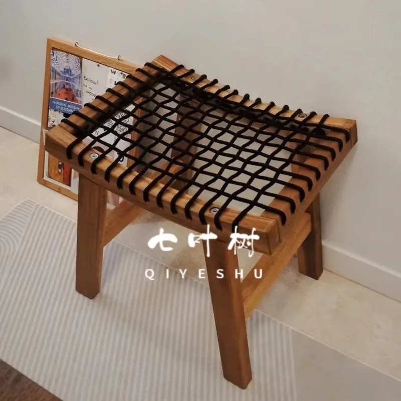 Solid Wood Rope Woven Low Stool, Boat Shaped Ancient Style Tea Table Stool, Entrance Shoe Changing Stool