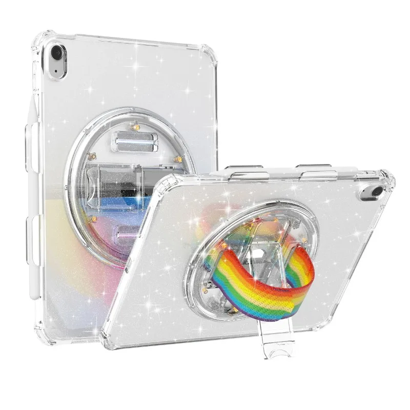 

Модный блестящий прозрачный чехол для планшета для iPad 10 поколения 2022 10,9 Air 4 5 Pro11 7/8/9 360 ° Крышка ремешка на запястье с вращающимся кронштейном