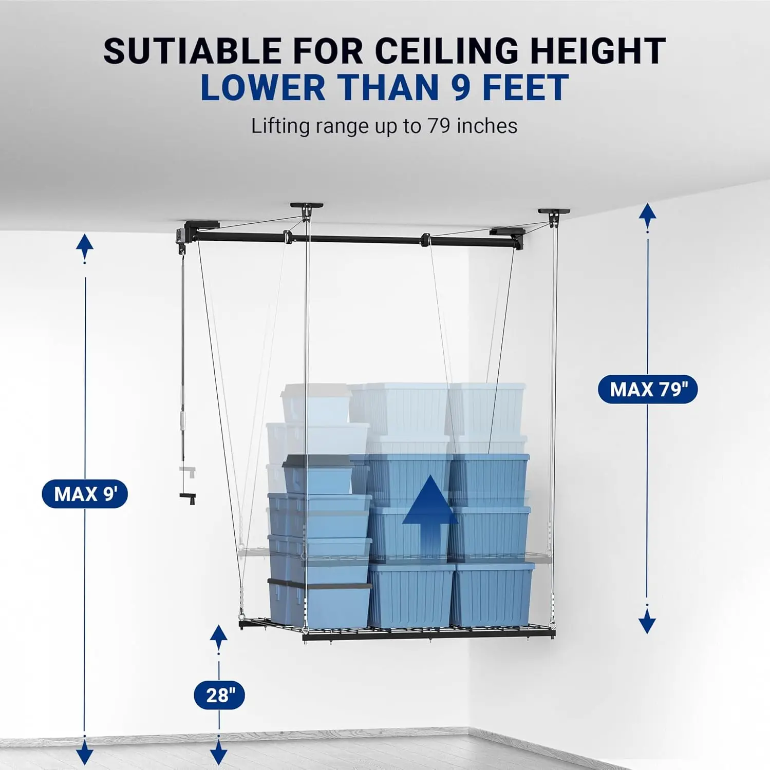 Garage Lifting Metal Rack, 4x4 Ft Overhead Garage Storage Racks, Adjustable Heavy-Duty Ceiling Organization System, 300lbs