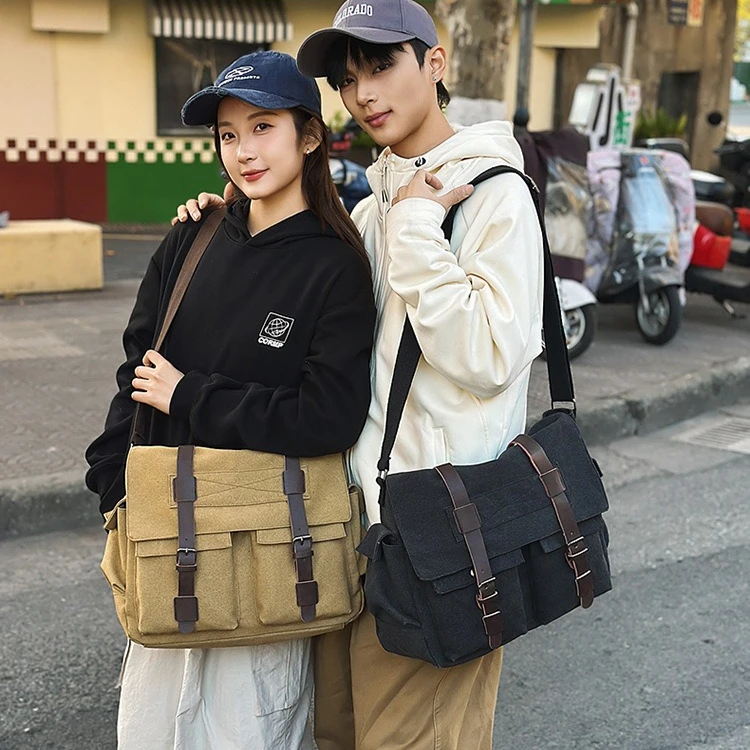 Large-capacity canvas wear-resistant messenger bag, flip-top lock, commuting briefcase for work women's single-shoulder backpack