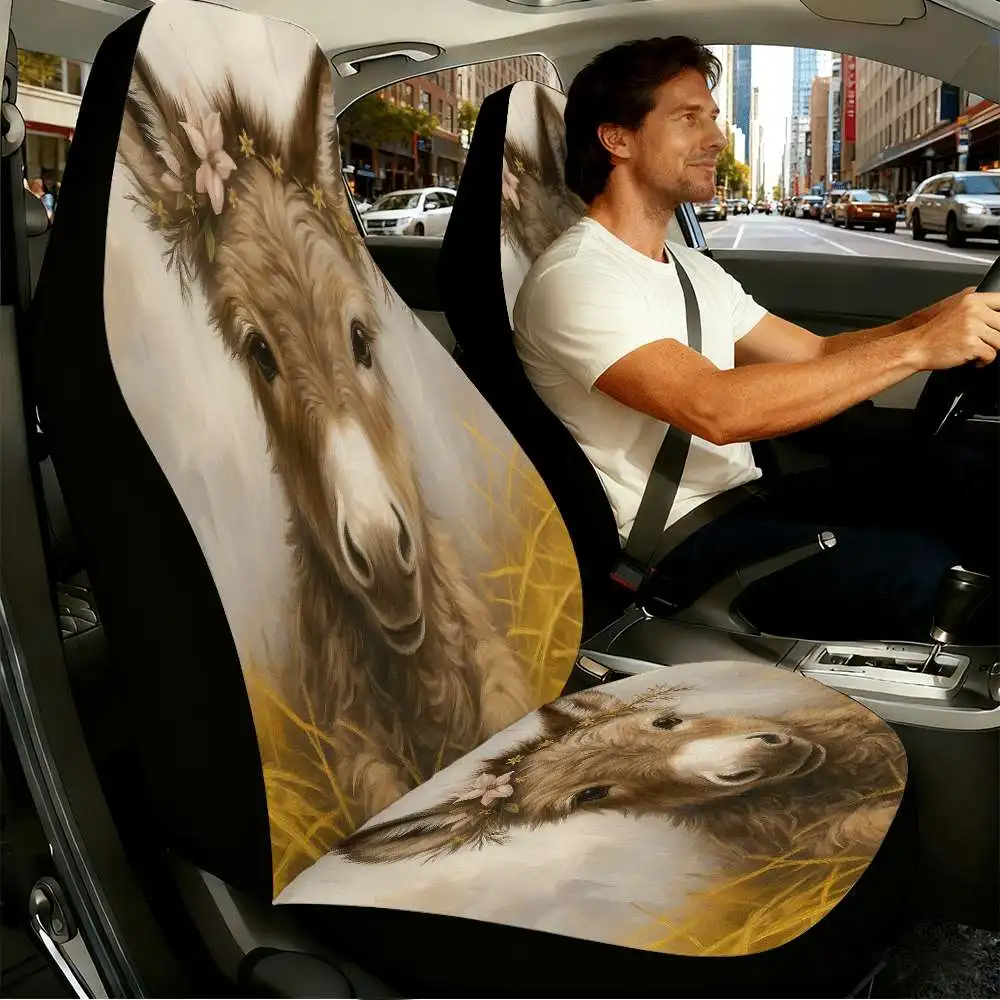 2pcs Adorable Donkey With Floral Crown Car Seat Covers Suitable For Front Seats, High Back Design, Material, Suitable For Cars,