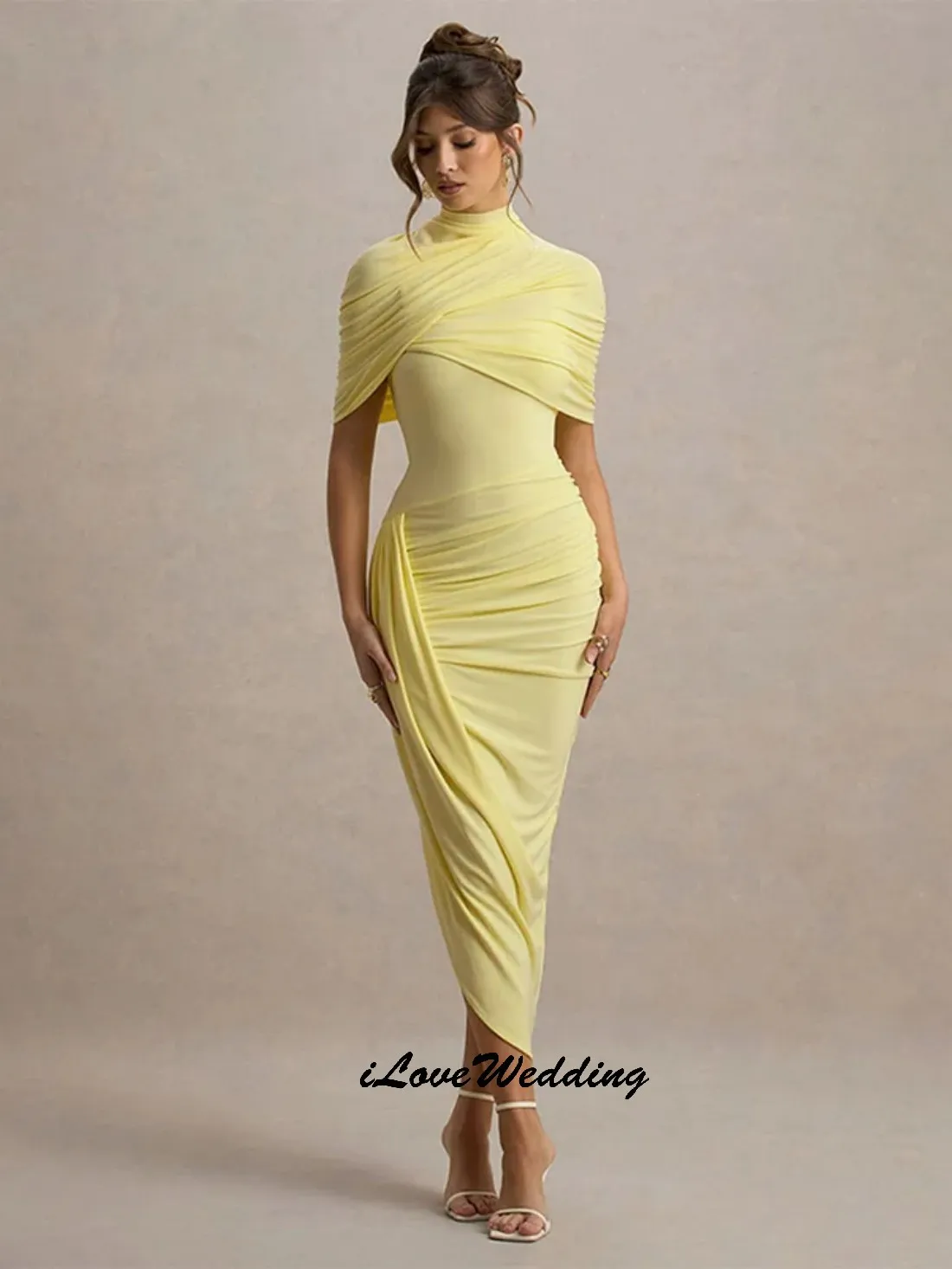 

Light Yellow High Neck Prom Dresses 2025 Mermaid Elegant Wedding Party Dress For Women Half Sleeve Tea-Length Pleated Customized