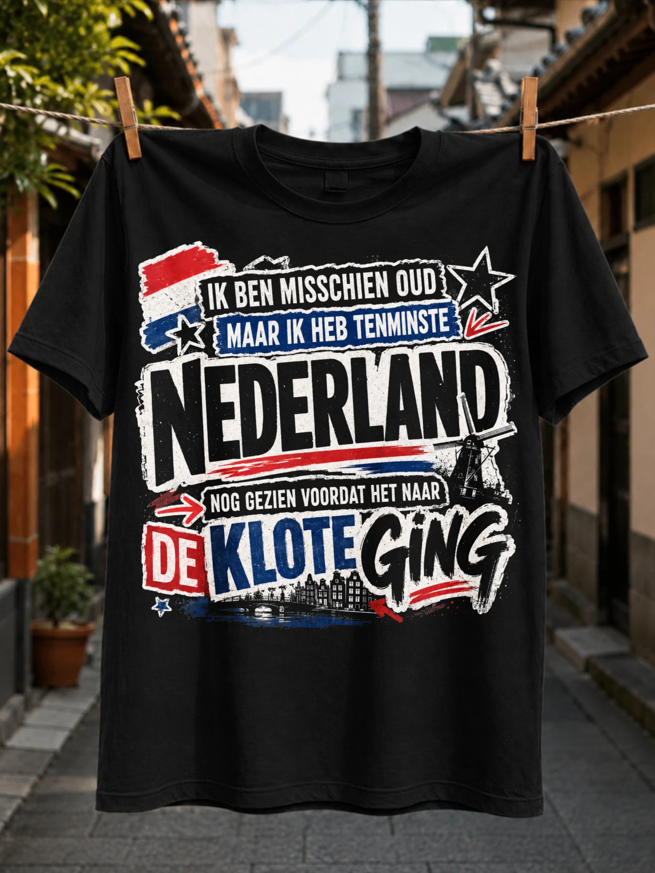 Dutch Nederland with Stars Arrows Windmill Canal Skyline and Layered Graffiti Quote Design Unisex  Unisex All T-Shirt