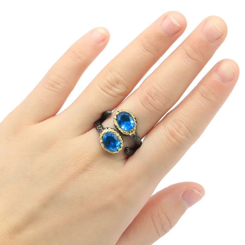 

21x13mm 9.8g Gothic Vintage Swiss Blue Topaz Pink Tourmaline Ladies Cool Black Gold Street Jewelry Silver Rings