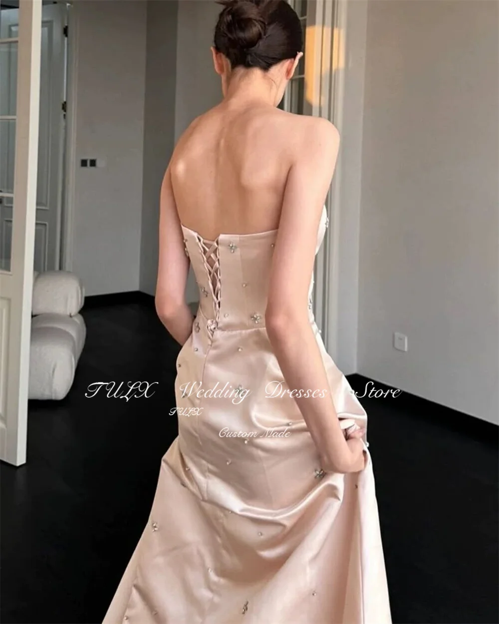 TULX Princess Satin Diamond Wedding Dress Korea Photo Shoot Sweetheart A line Floor Length Bridal Party Dress Corset Customized