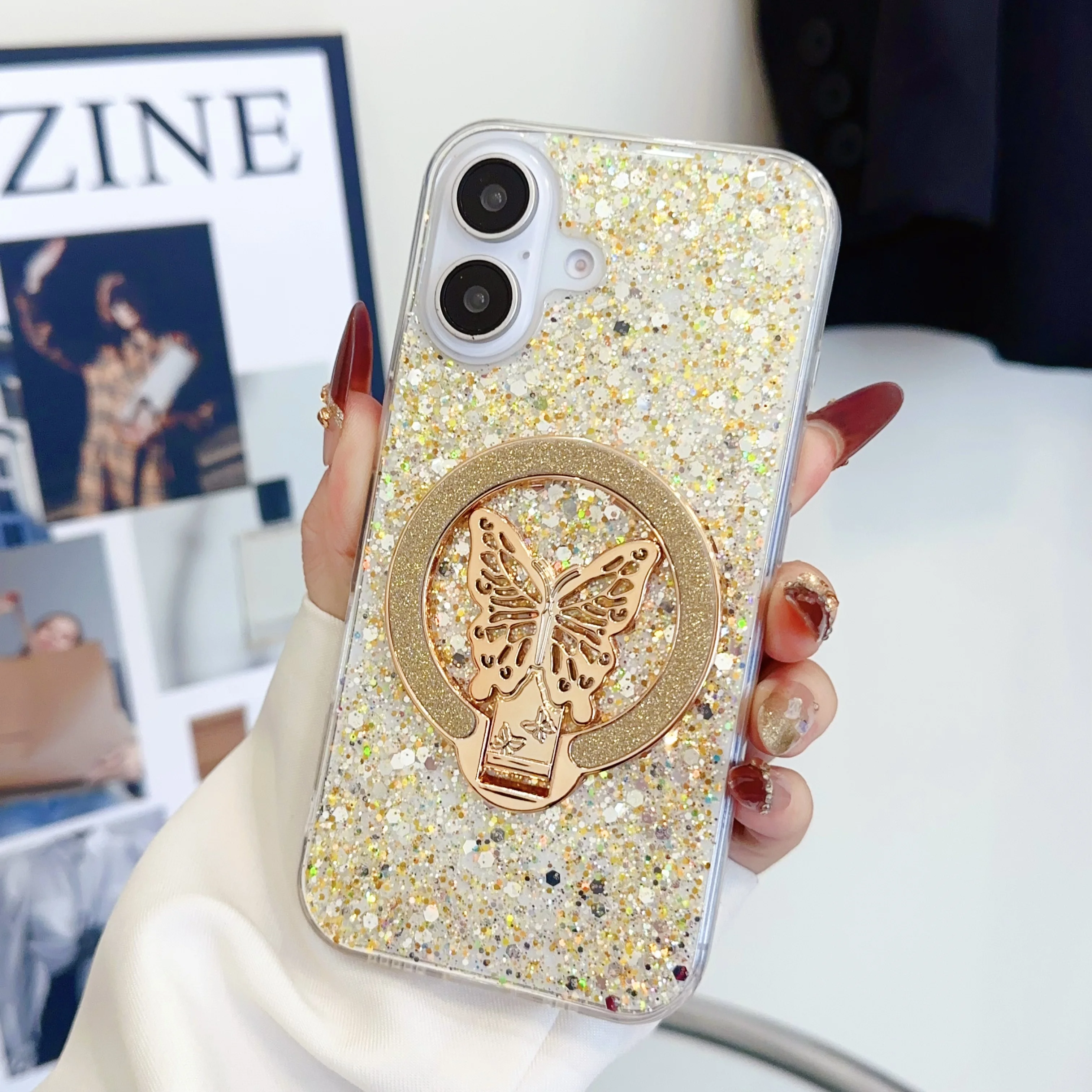 Luxury Cute Butterfly Bling Glitter Phone Case For iPhone 16 15 14 13 12 11 Pro Max Xs Plus Wireless Charging Ring Holder Cover