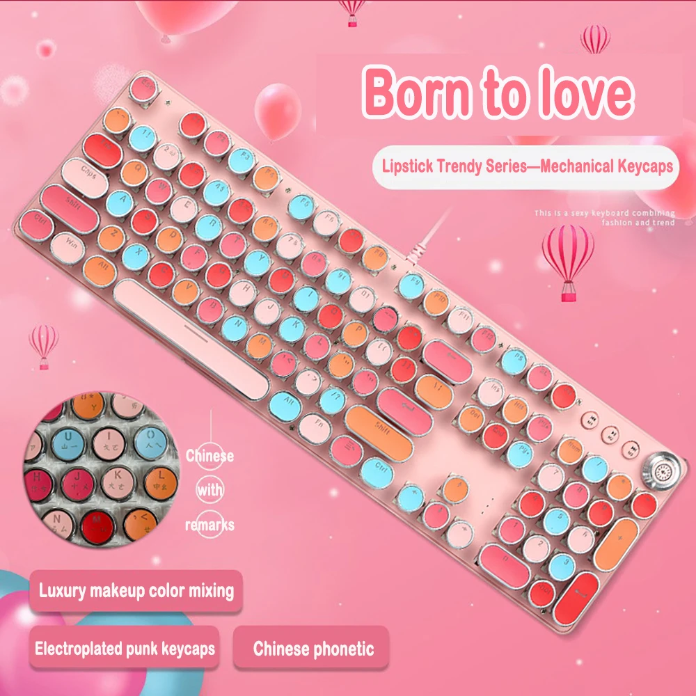 Lipstick Series Punk Keycaps 104 Key for Mechanical Keyboard Light-transmitting Electroplating Mechanical Key Caps Round Keycaps