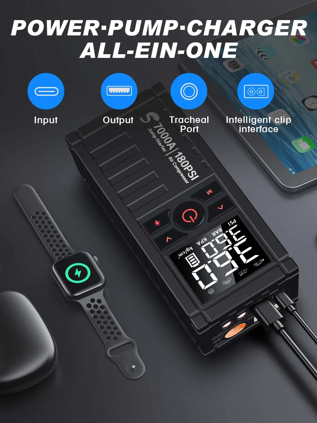 7000A Car Battery Jump Starter with Air Compressor - Auto Portable Tire Inflator 29800mAh Battery Power Pack for 9.0L Gas and 8.0L Diesel Engines, Battery Booster Pack Jumper Box Power Bank USB QC3.0, Digital Display, Smart Jumper Cables,Storage Bag