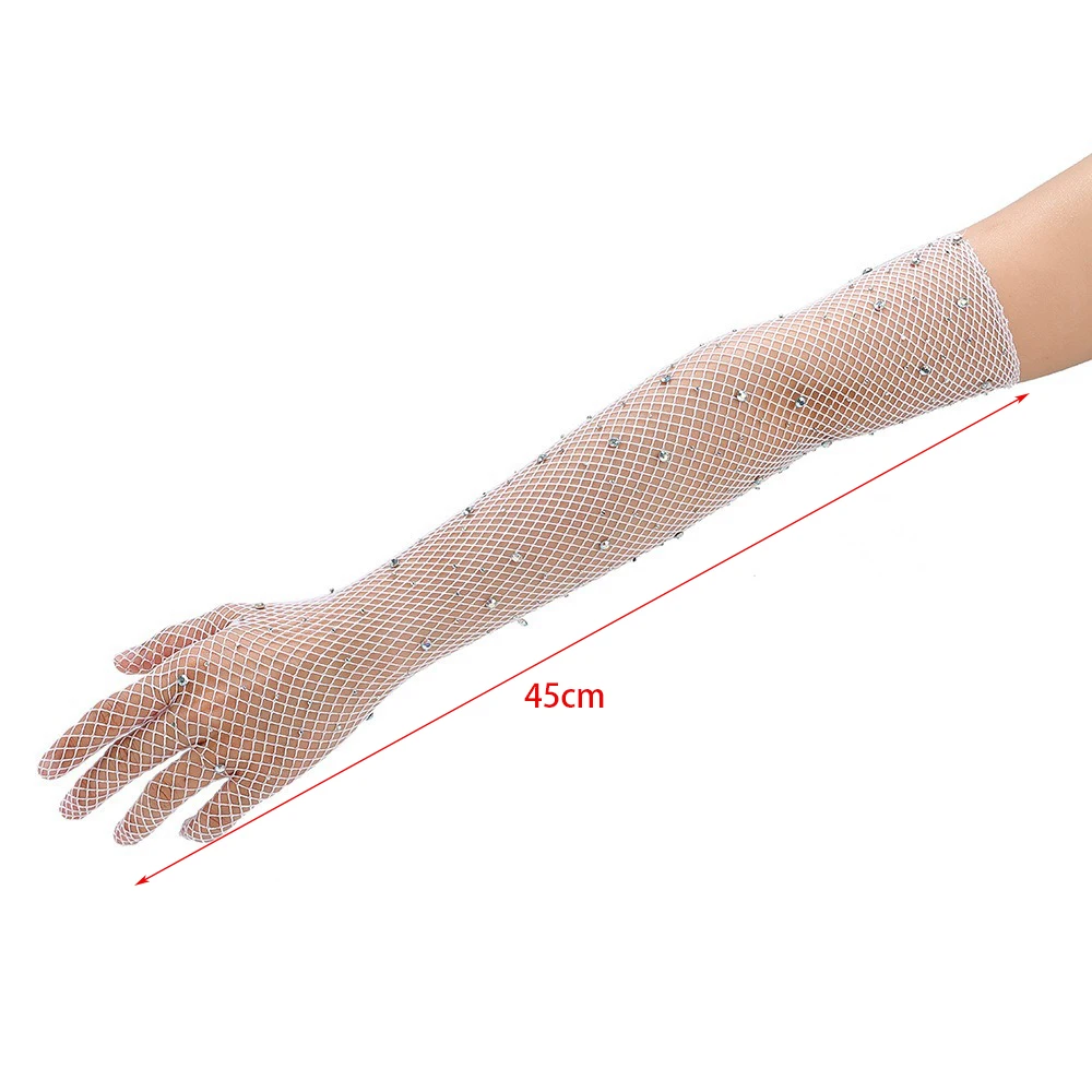 New Mesh Long Mittens Glitter Rhinestone Party Dress Fishnet Gloves Dance Costume Punk Hip Hop Performance Gloves Sexy