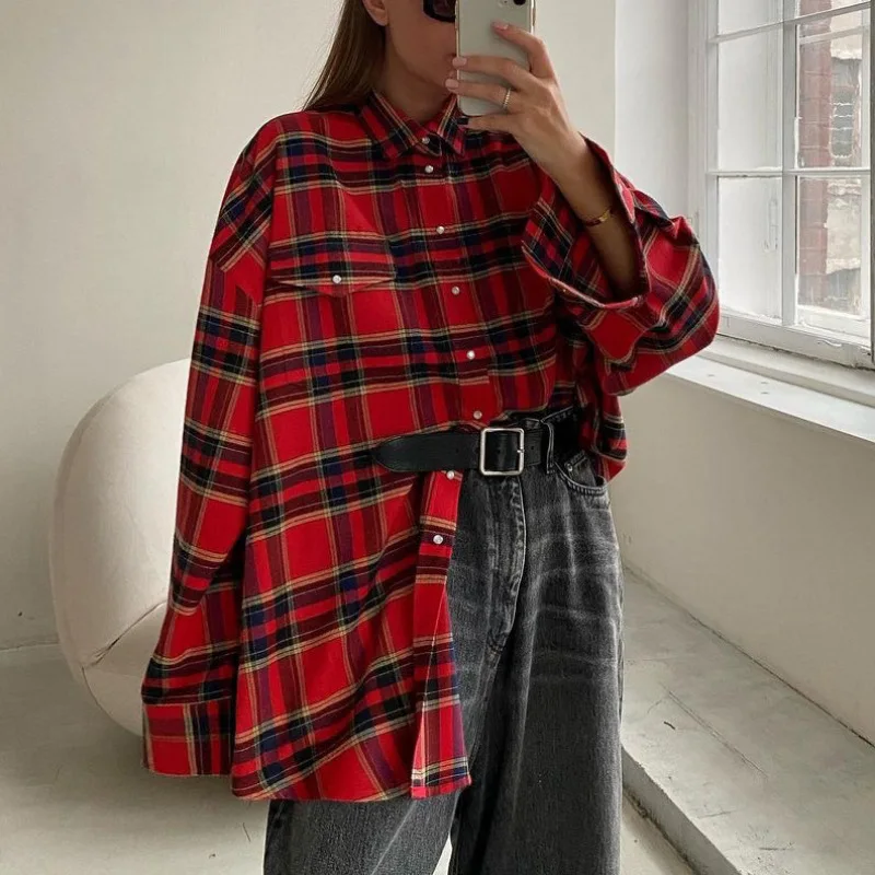 

Fashion Loose Plaid Women'S Shirt 2024 Elegant Lapel Long Sleeve Single Breasted Shirts And Blouses Vintage Classic Top Female