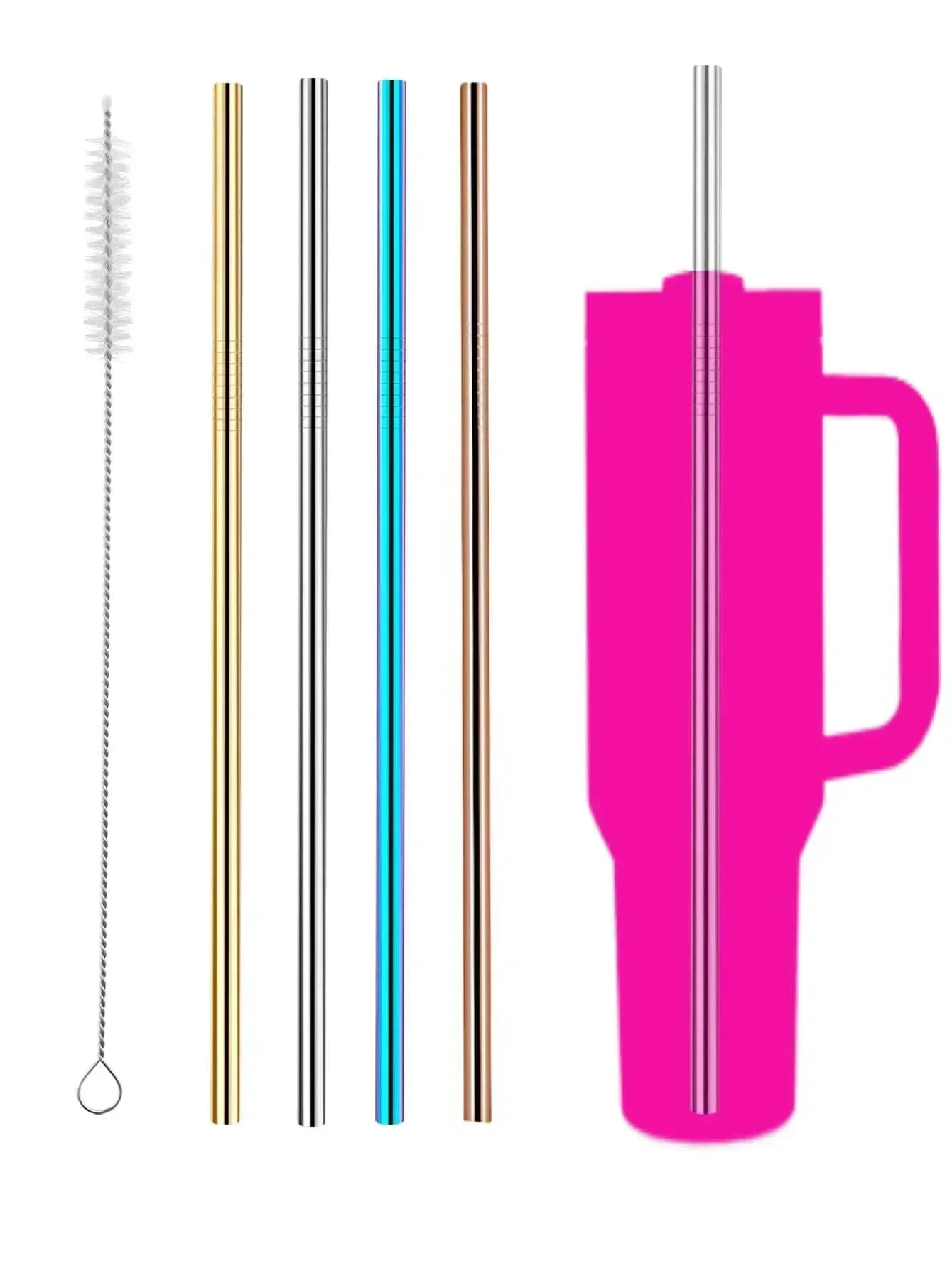 4PCS 304 Stainless Steel Replacement Straw Compatible with 30 Oz 40 Oz Cup Tumbler 4 Reusable Straws with Cleaning Brush