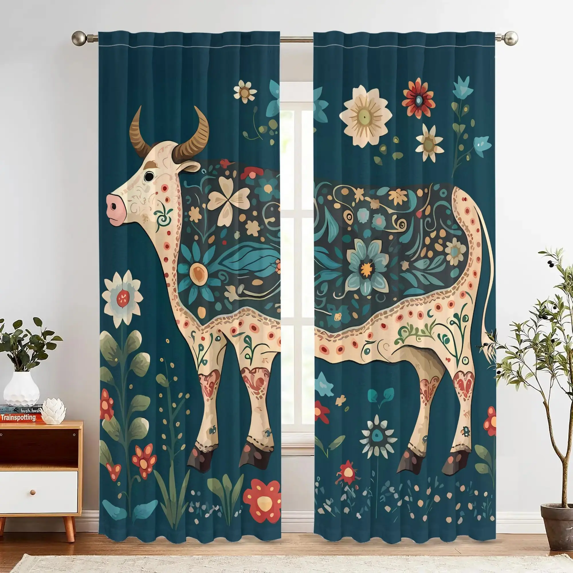 2pcs Folk Art Water Buffalo Curtains - Vintage Floral & Buffalo Print on Navy Blue,  Polyester Light Blocking Machine Was