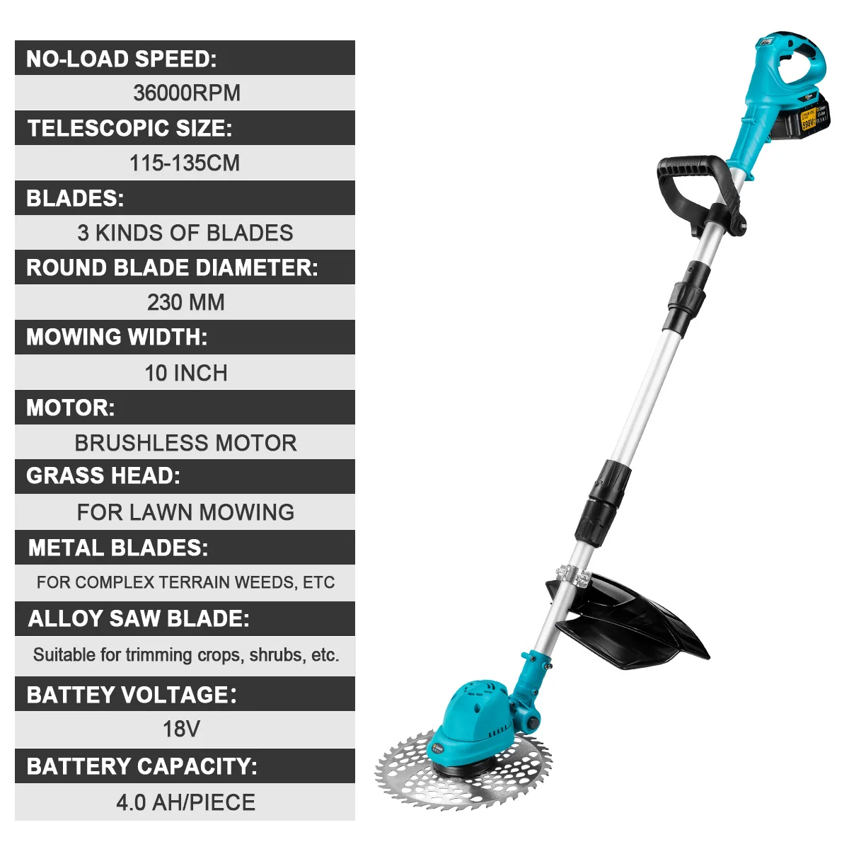 Gisam 10Inch Brushless Electric Lawn Mower 36000RPM Cordless Grass Trimmer Length Adjustable Garden Tool For Makita 18V Battery