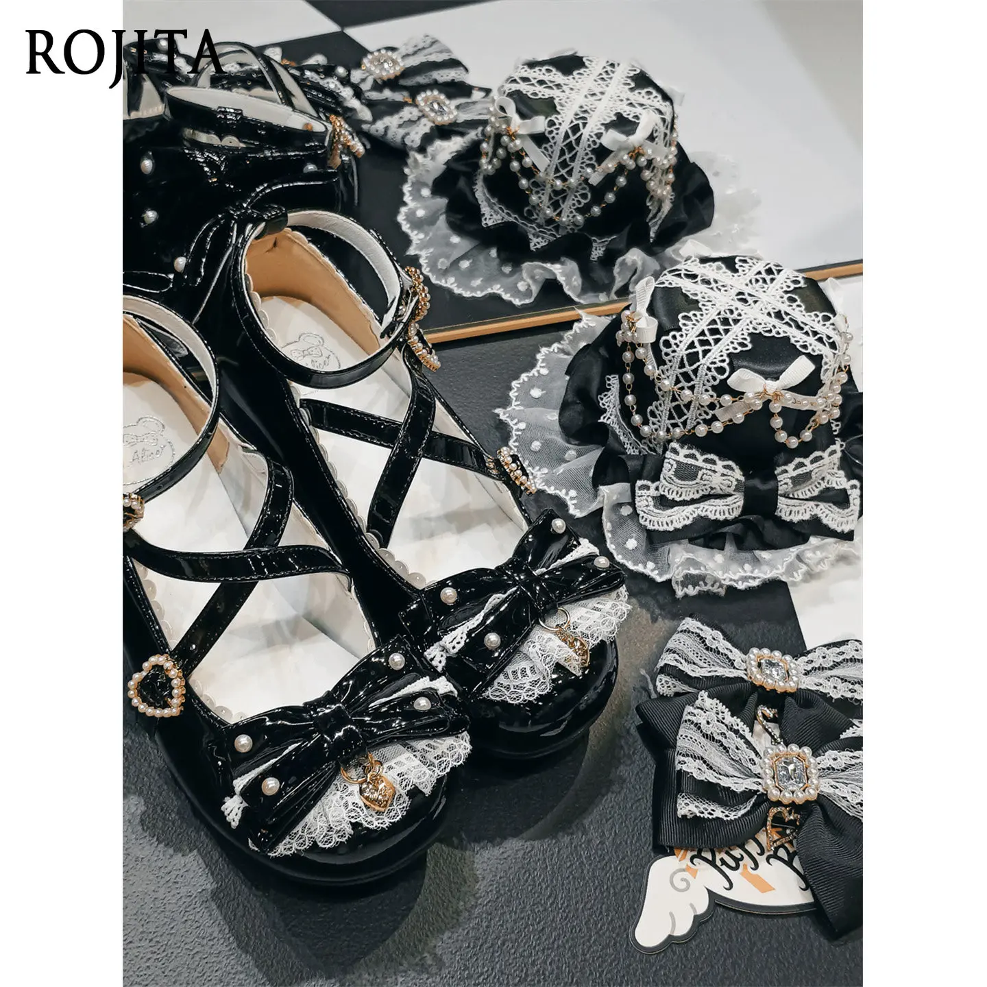 

Туфли Мэри Джейн с черной кружевной отделкой и бантом, туфли Мэри Джейн с круглым носком, в японском стиле, на массивном каблуке, на плоской подошве, весенне-осенняя обувь Kawaii