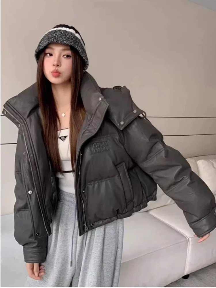 Women Casual Elegant Street Style Cotton Jacket Winter New Style Hooded Thick Letter Leather Down Cotton Jacket Bread Down Women