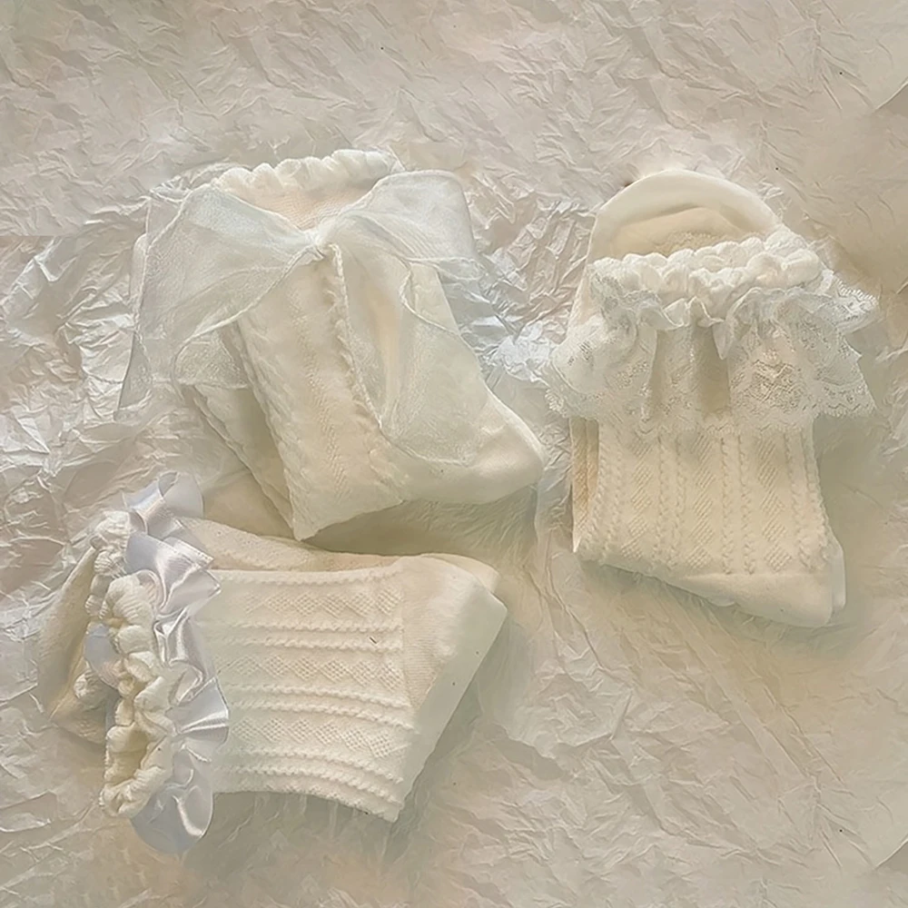 5/15 paia di calzini Lolita calzini di pizzo con fiocco bianco tubo centrale calzini da principessa stile college giapponese dolce streetwear calze