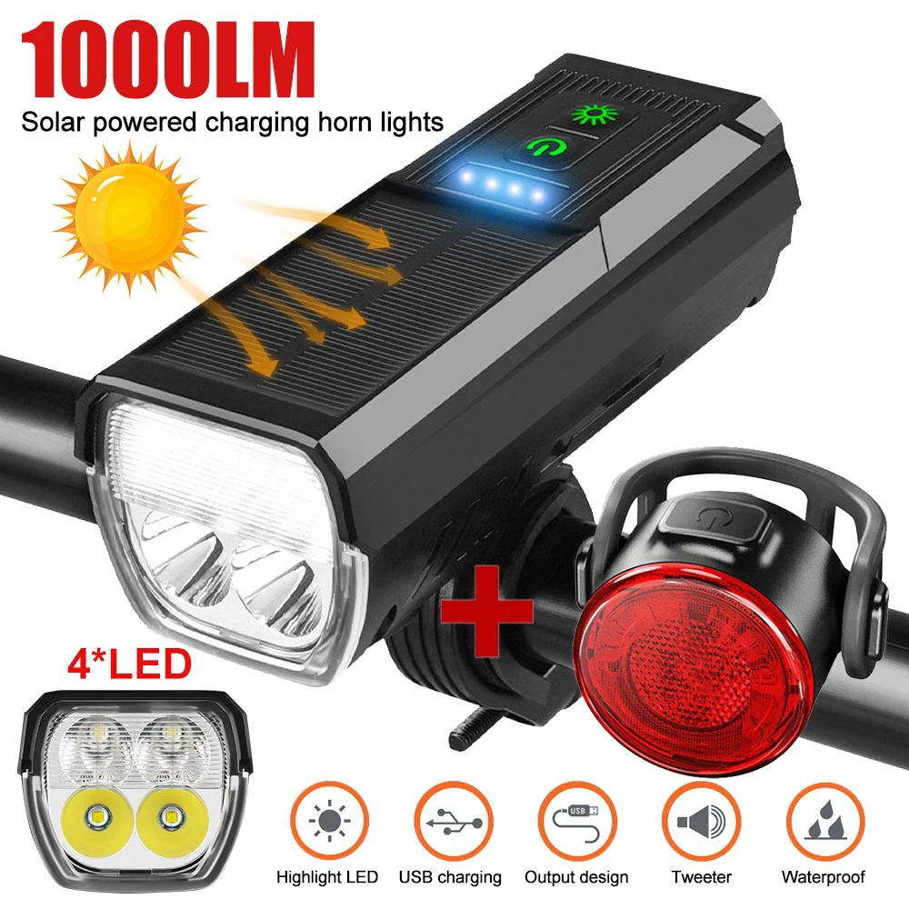 

1000LM Solar Bicycle Light Set with Taillight Headlight Bike Flashlight 4 LED Front Light Bike MTB 8 Modes Bicycle Accessories