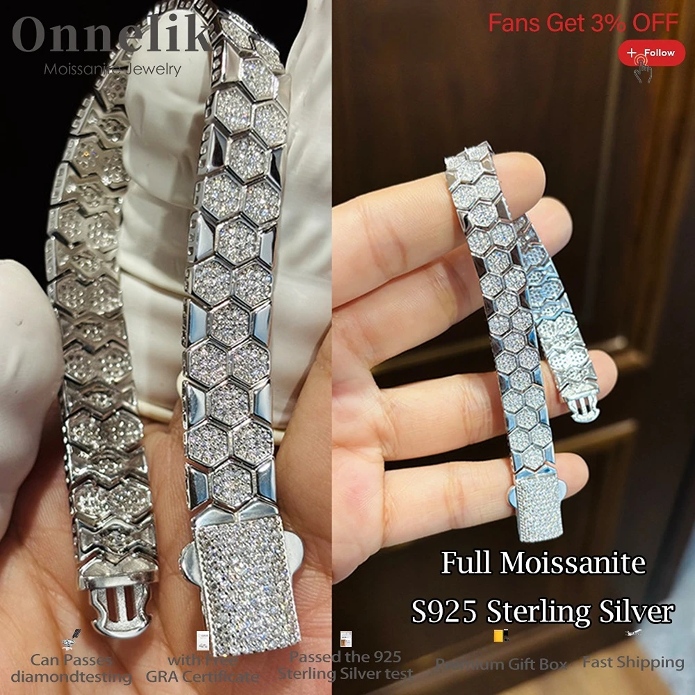 

GRA Certificate Full D Color Moissanite Diamond Honeycomb Cuban Bracelet 925 Sterling Sliver for Woman Man Wedding Fine Jewelry