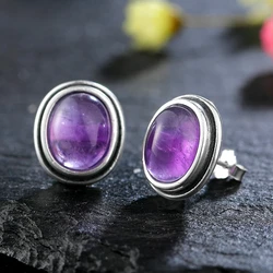 Natural 8x10MM Amethyst Stud Earring Silver Plated Earrings for Women Simple Vintage Jewelry Anniversary Gift