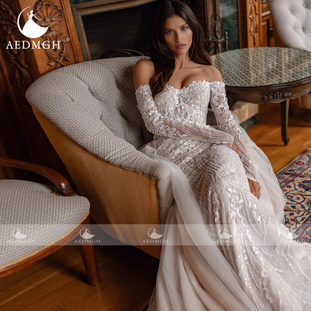 Aedmgh sirène robes De mariée Sexy hors De l'épaule robe De Novia dentelle perlée détachable Train sur mesure robes De mariée
