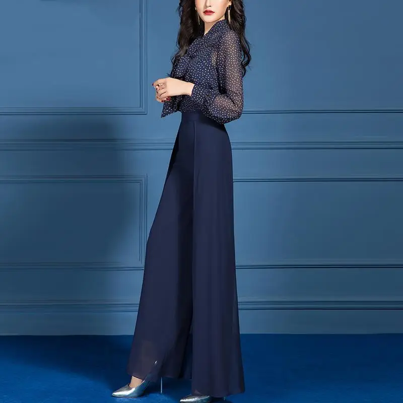 Fashion Set Women's Spring/Summer 2023 New Age Reducing and Slimming Style Goddess Fan Chiffon Wide Leg Pants Two Piece Set