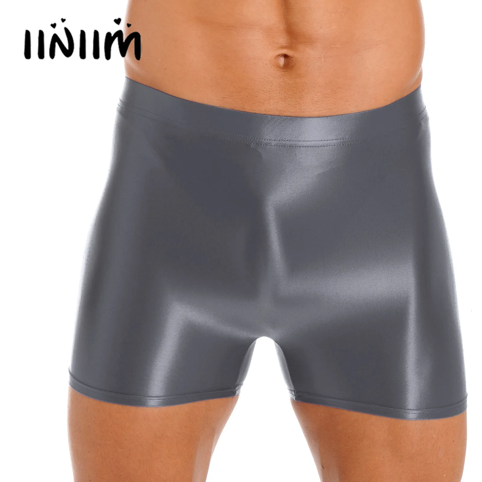 Mens Glossy Mid Waist Running Shorts Elastic Waistband Short Leggings Swimming Trunk Yoga Gym Fitness Sportswear Swimwear