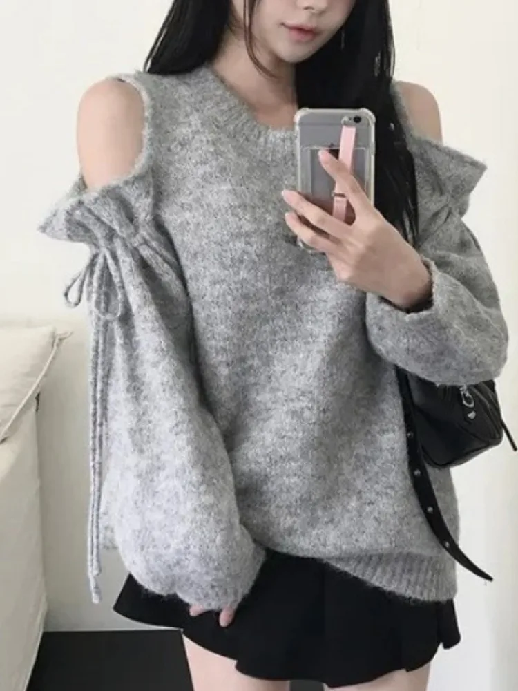 Chique outono inverno dstring oulder bared camisola de malha feminina solta camada base de emagrecimento longo sve poliéster macio