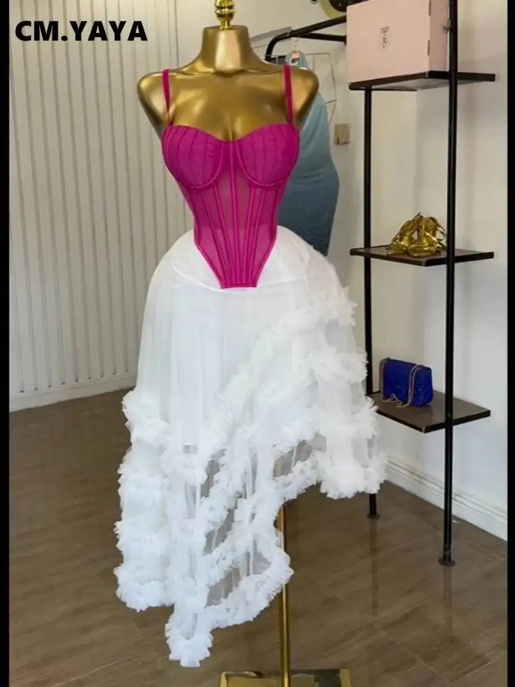 CM.YAYA damesjurk tuniek crop top en onregelmatige baljurk maxi lange rok pak 2025 twee 2-delige set outfits