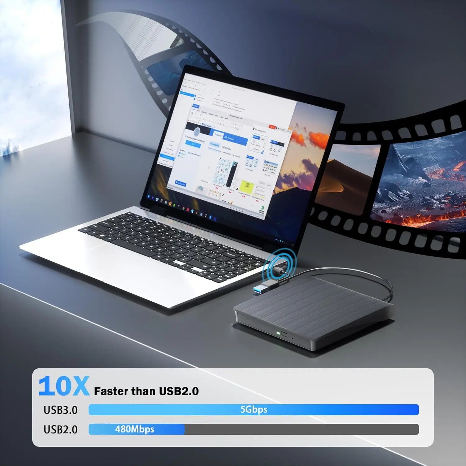 محرك أقراص DVD خارجي، 2 في 1 USB 3.0 Type-C موقد أقراص مضغوطة محمول، CD ROM +/-RW مشغل أقراص مضغوطة خارجي لسطح المكتب والكمبيوتر المحمول #4