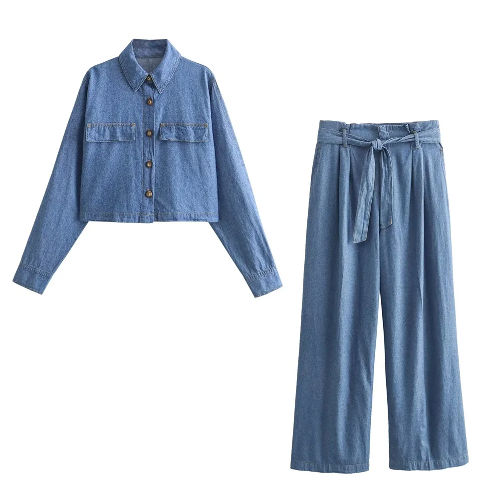 2024 Zarb Spring/Summer New Women\'s European and American style denim effect short shirt, paper bag style wide leg pants set