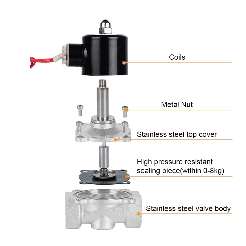 Válvulas de solenoide eléctricas DN15 DN20 DN25 DN50, agua normalmente cerrada, acero inoxidable de 2 vías, bobina de 1/2 