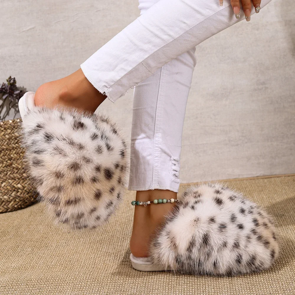 Damen Warme Hausschuhe Plüsch Leopardenfell Flauschige Pantoffeln Große Größen Geschlossene Zehenpartie Flache Sandalen Weiche Bequeme Schuhe für Frauen – Detail 25