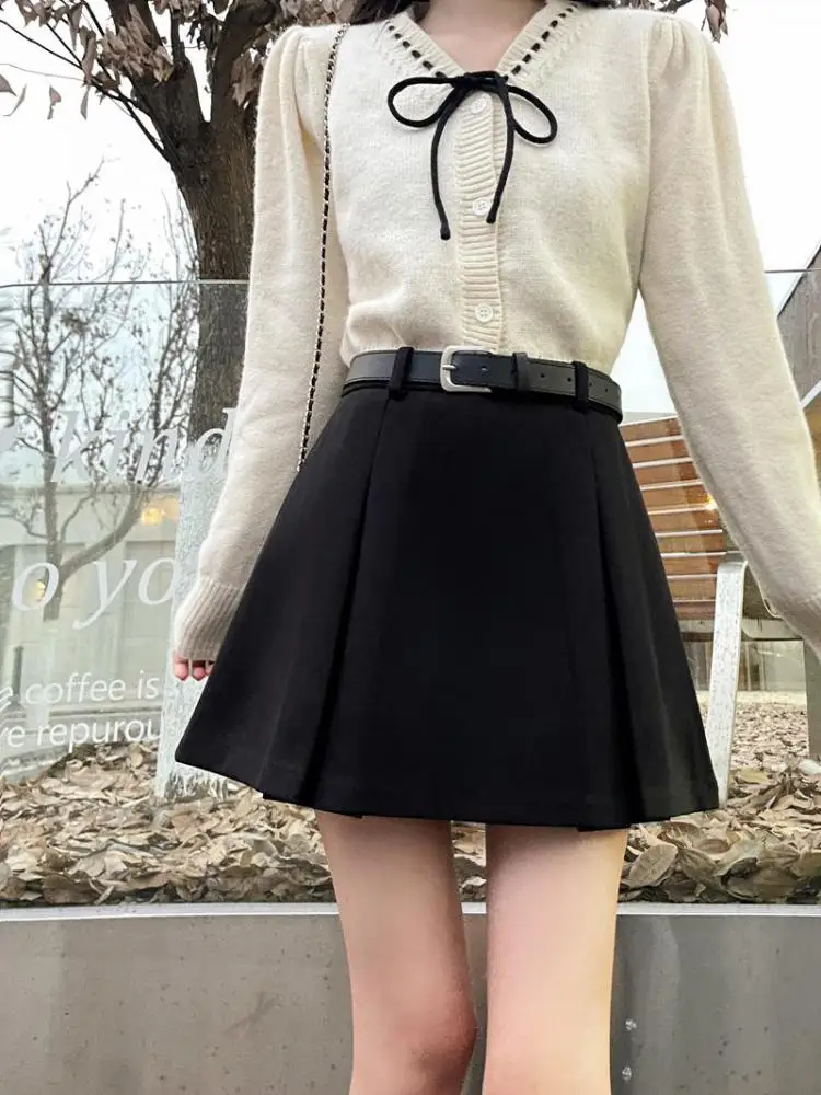 여성용 블랙 파티 모직 미니 스커트, 다크 브라운 A 라인 랩 힙 짧은 스커트, 한국 패션, 하라주쿠 두꺼운 플리츠 스커트, 가을 겨울