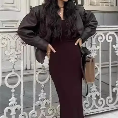 Jaqueta de Couro Ort Faionable com Gola Alta e Cinto, Moda Feminina para o Dia a Dia