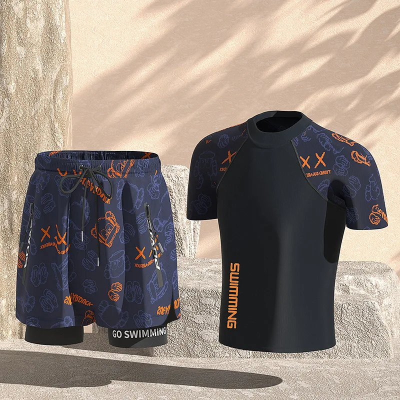 Men Two Pieces Professional Quick-Dry Surfing Beach Athletic Swim Shirt+Trunks Short Sleeve WaterProof Bathing Sports SwimWear