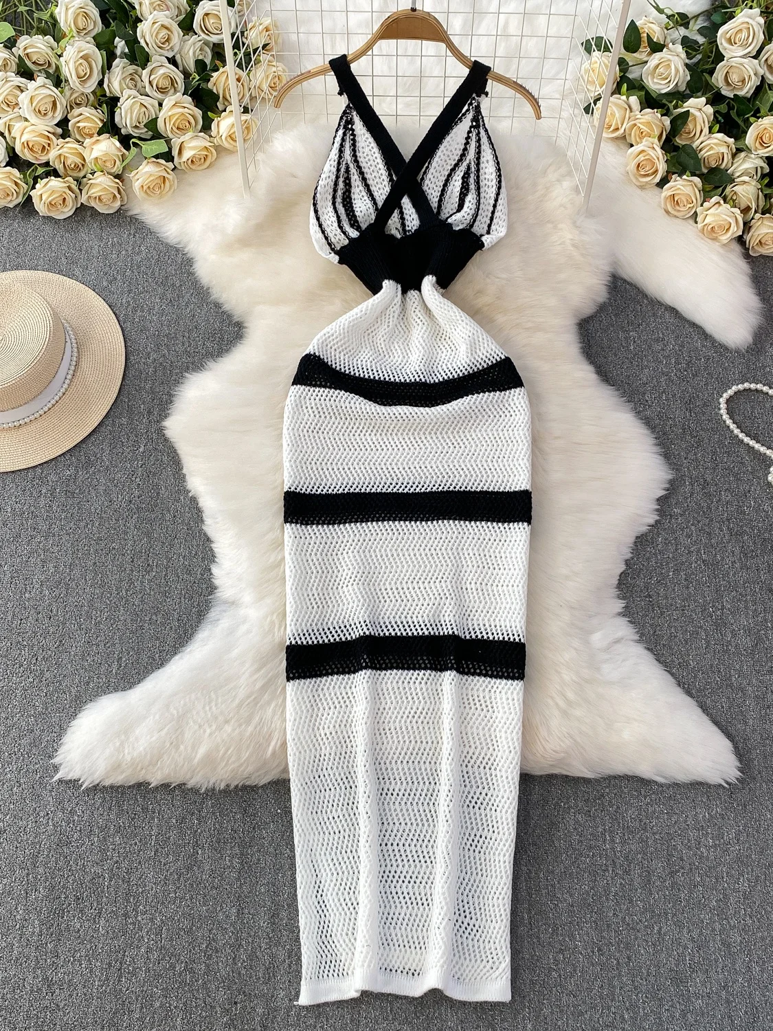 Vestido de Punto con Tirantes, Estilo Bohemio Vacacional, Bloques de Color, Escote en V, Aberturas, Espalda Descubierta, Cint...