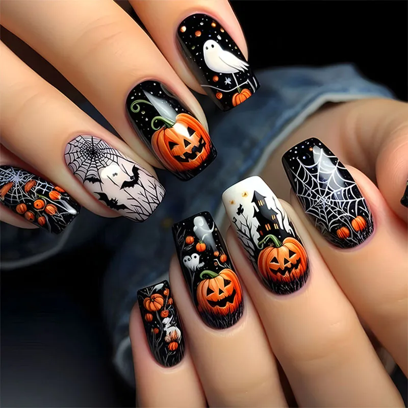 

24Pcs Long Square Press on Nails - Halloween Design with Black & White Spider Web Ghosts Yellow Large & Small Pumpkins and Bats