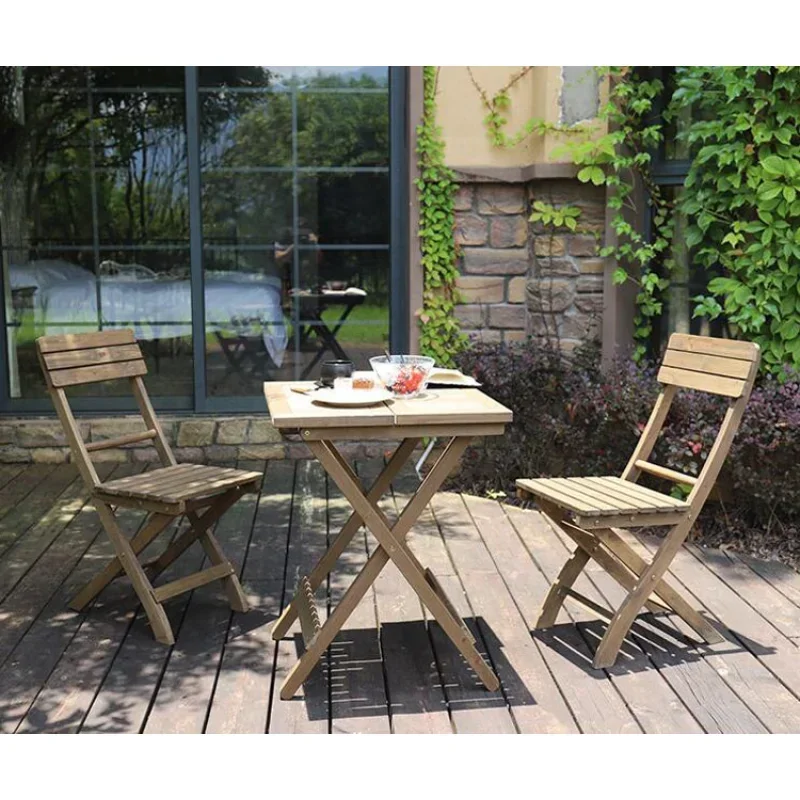 Outdoor portable table chair set solid wood folding table wooden balcony leisure table chair