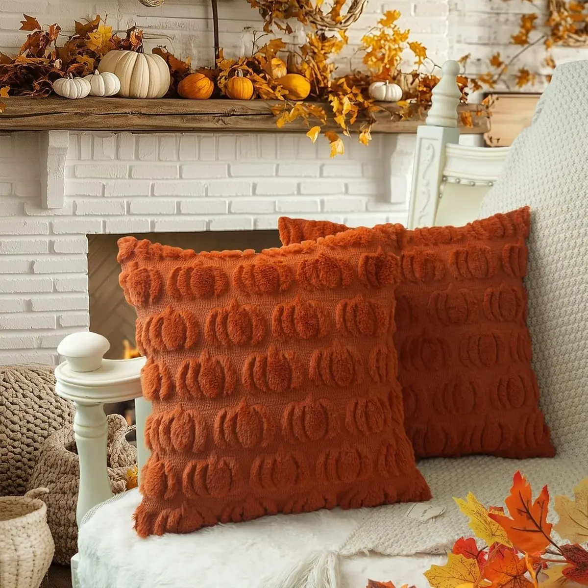 Fall Pillowcases 18 X 18 Inch Set of 2, Fall Decorative Pumpkin Soft Plush Faux Fur Decor for Fall Halloween