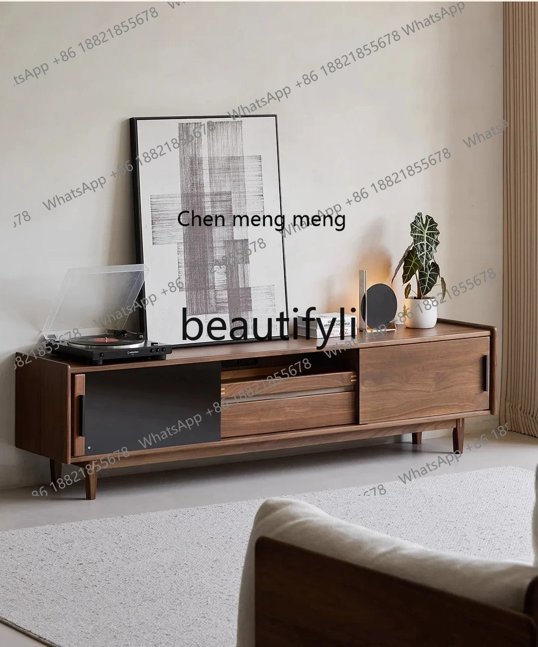 

N178 Nordic all-solid wood TV cabinet, living room coffee table combination, black walnut multi-functional storage floor cabinet