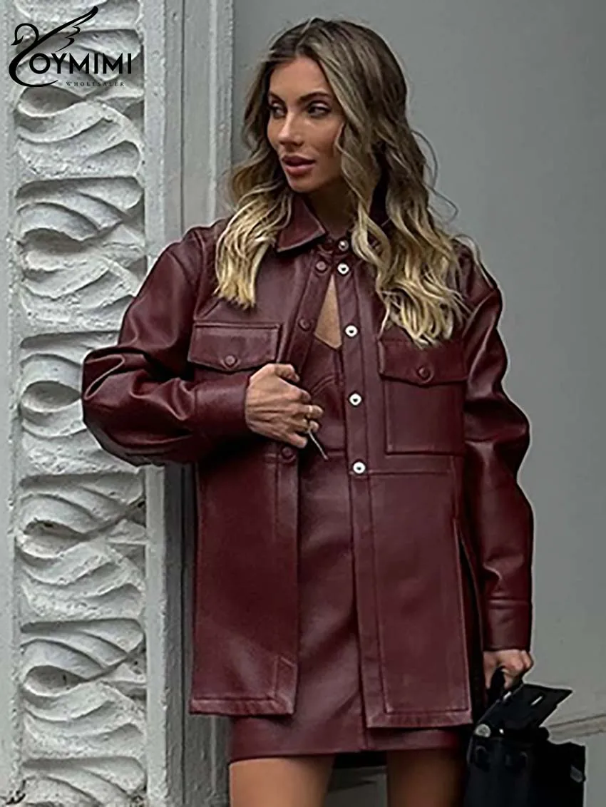 Oymimi Fashion Wine Red Pu Leather Damski dwuczęściowy zestaw Eleganckie koszule z długim rękawem i mini sukienki z paskiem do spaghetti