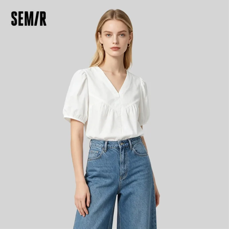 Chemise Femme Semir 2026 Blanche Texturée à Manches Bouffantes et Volants, Col en V, Design Tendance et Décontracté