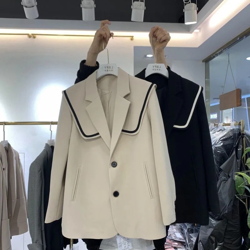 

plus Size 300 Pounds Navy Collar Casual Loose Women's Suit Jacket Autumn Korean Style Comfortable Outerwear for plus Size Women