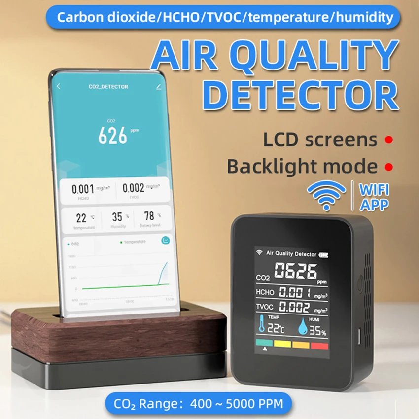 

Детектор качества воздуха Medidor CO2 HCHO TVOC Анализатор температуры и влажности с приложением WIFI Онлайн-монитор ЖК-дисплей Датчик CO2