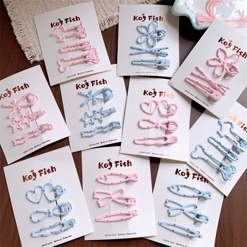 

3-Piece Pink Blue Polka Dot Love Heart Bow Duckbill Barrettes for Little Girls Sweet Versatile Side Bangs Clips Hair Accessories