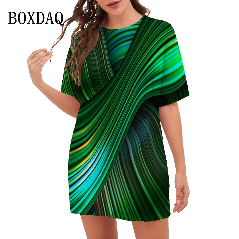 

Oversize Clothes 2023 New Summer Pattern 3D Printed Green Pearl Thread Dress Women Fashion O-Neck Short Sleeve Loose Mini Dresse