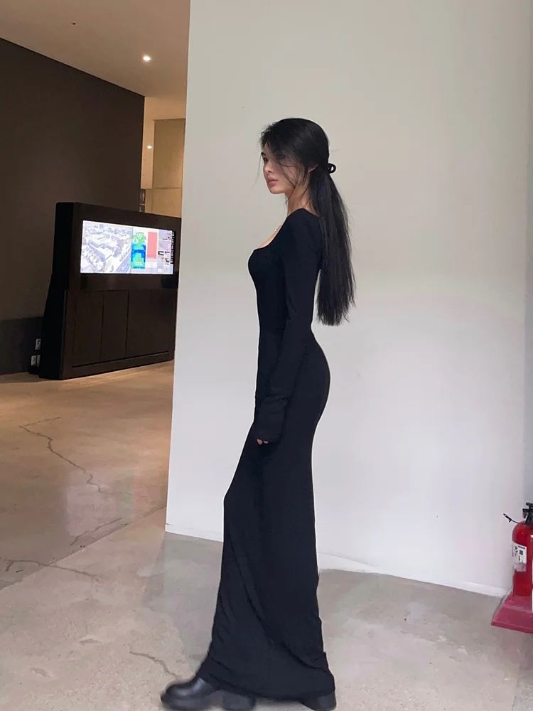 Kardaian outono sexy picante fino ajuste bodycon bla longo sve quadrado ne longo dr feminino maxi dr busin algodão casual