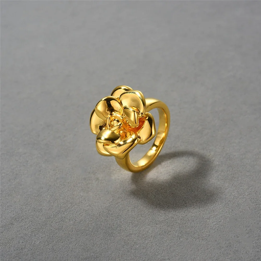 Creative Gold Color Rose Ring for Women 18K Stainless Steel Metal Sculpture Flowers Finger Ring Vintage Waterproof Charm Jewelry